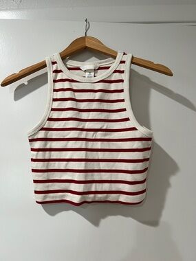 H&M White and Red Striped Ribbed Crop Tank
